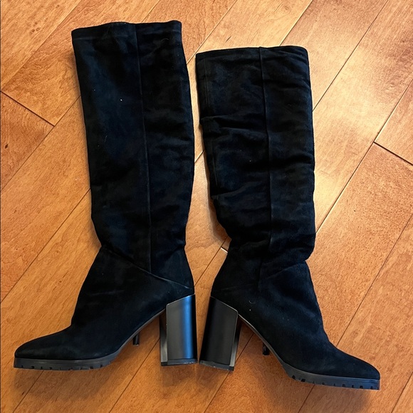 Black suede and shearling lined knee high boots with heels - Picture 14 of 16